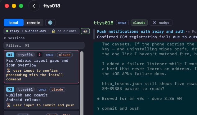 The AIHerd window: a session sidebar listing panes with the question each is waiting on, and the selected pane's live screen beside it