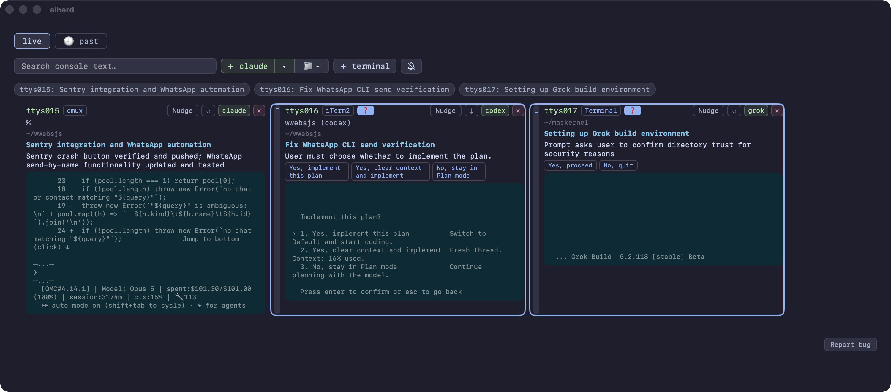 The AIHerd app window showing three agent panes side by side, two of them flagged as waiting on a question