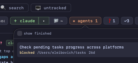 The agents popover: one Claude Code background session, its task, its blocked state and its directory