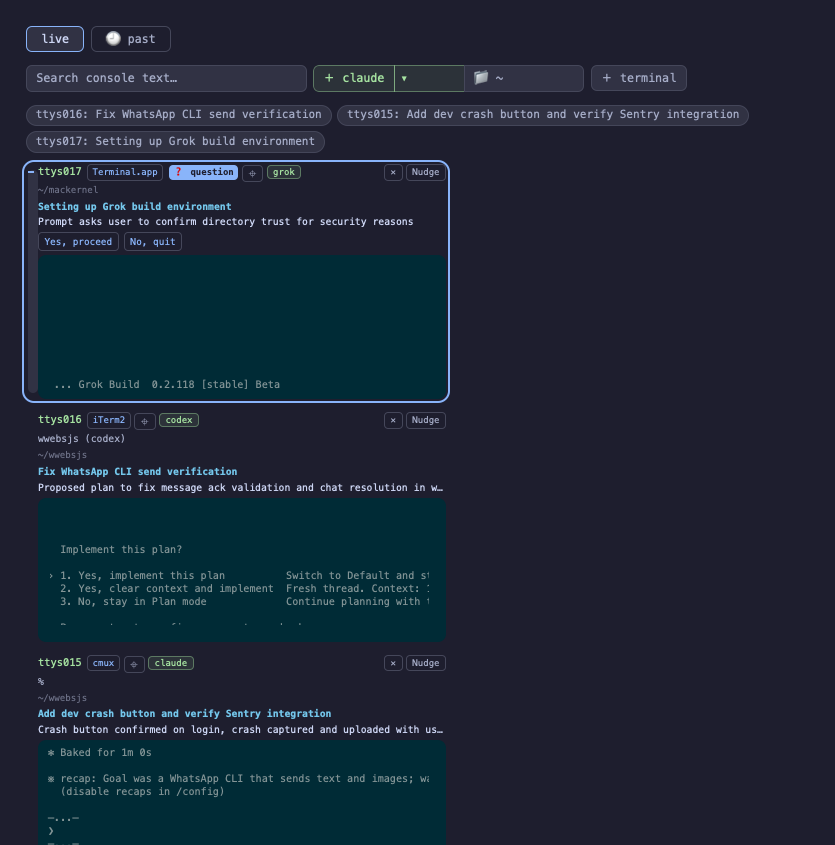 The same three panes in the browser dashboard, with one-line summaries across the top