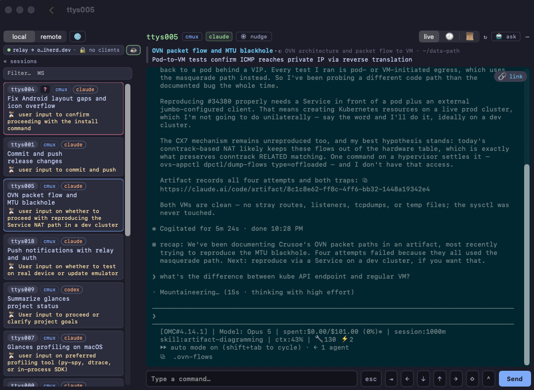 A pane open full size inside AIHerd, with its scrollback, a command box, and esc, arrow and ctrl keys beneath it