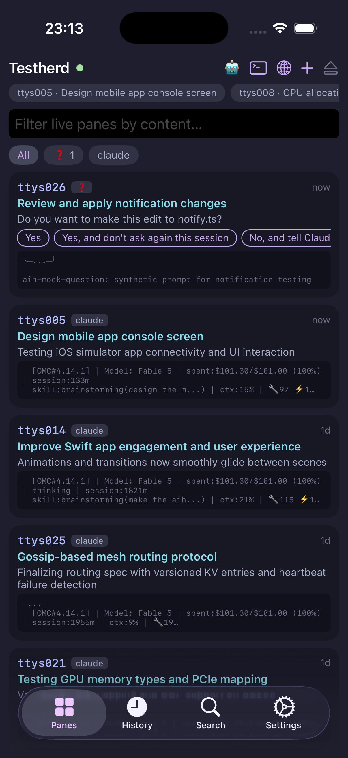 The iPhone app's pane list: a card for a pane waiting on a question with its answer options as tappable chips, and cards for working panes with their topics and summaries