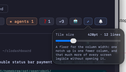 The tile size popover: a slider reading 420pt and 12 lines