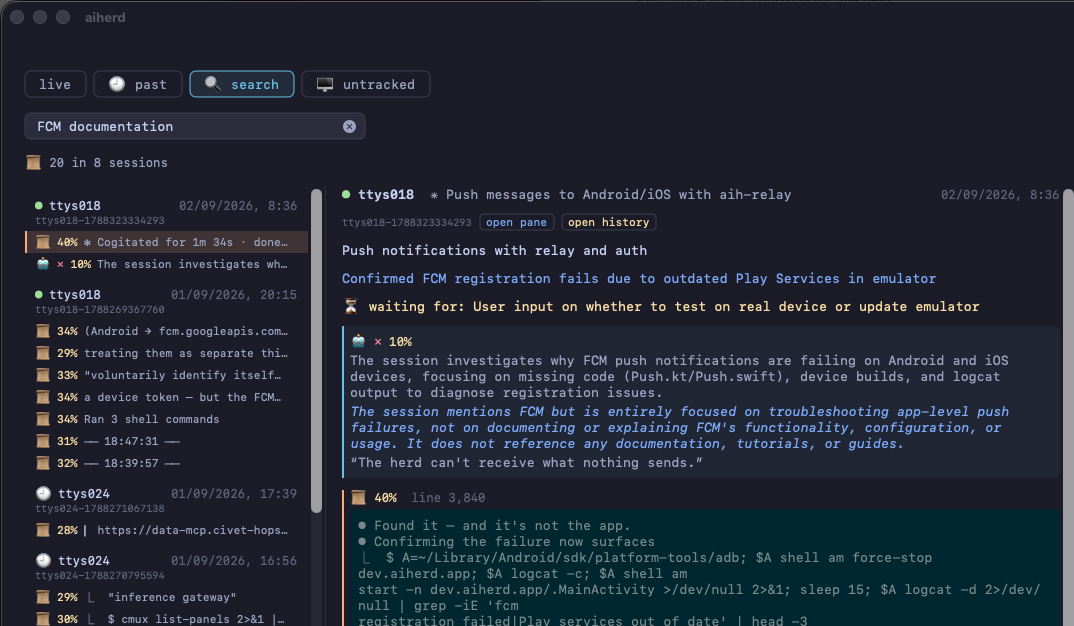 The search tab: a query with 20 hits in 8 sessions listed down the left, and the selected hit's summary and matching lines on the right
